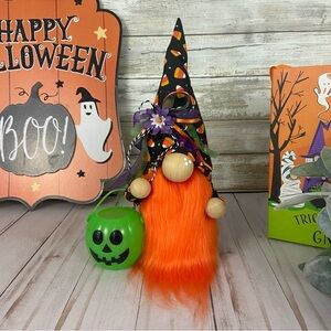Candy Corn Fabric Gnome Handmade Orange Black Green Bow Wood Cottage Halloween